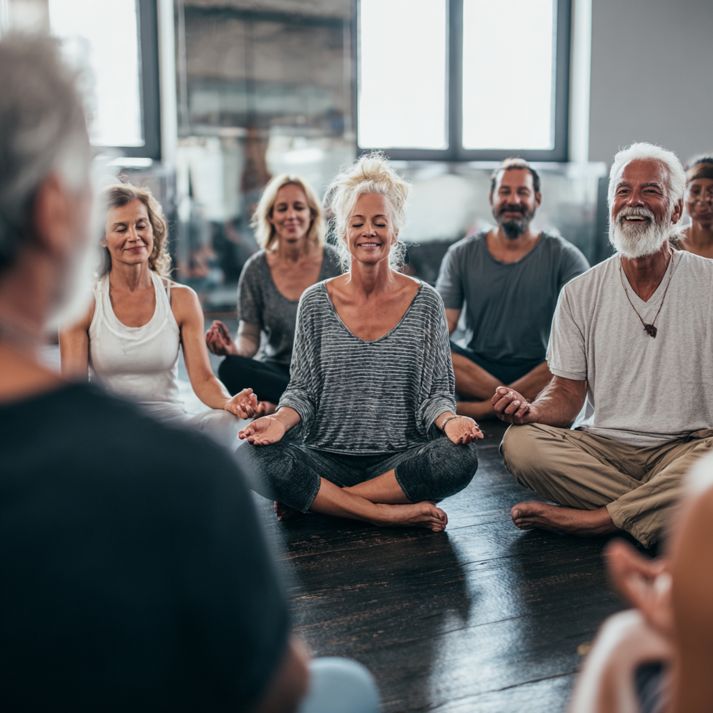 Група хора на възраст 50-60 години в йога студио, седнали в кръг в медитативна поза, с израз на спокойствие и умиротвореност