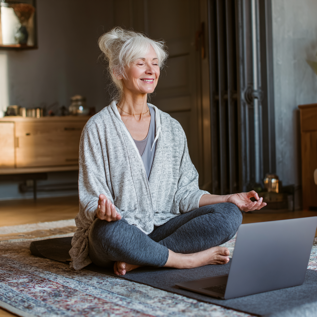 Жена на възраст около 60 години практикува йога в дома си пред лаптоп, усмихната и концентрирана, в удобна йога екипировка